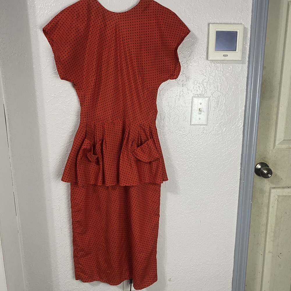 Vintage Depeche Mode Paris Polka Dot Peplum Dress Red Black Button Back Midi
